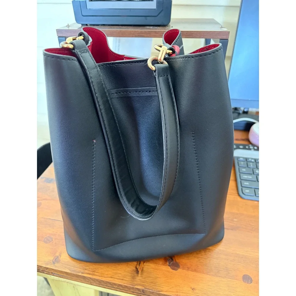 Lauren Ralph Lauren Debby Drawstring Bucket Bag Black Leather Red Interior Gold